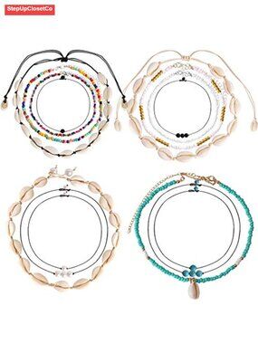 14 Pc Shell Choker Set Puka Beach Bohemian Pearl Lava Stone Necklaces